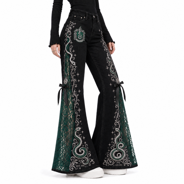 The House Flare Midnight Edition — Slytherin black lace flare jeans