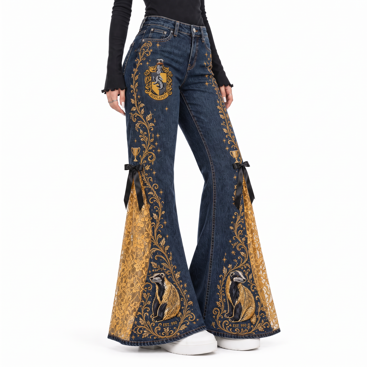 The House Flare — Hufflepuff house lace flare jeans