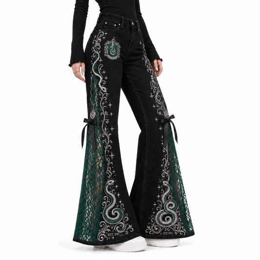 The House Flare Midnight Edition — Slytherin black lace flare jeans
