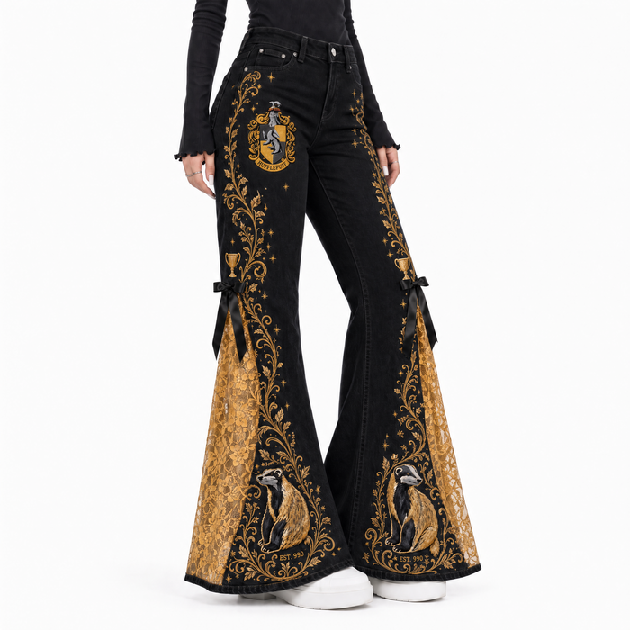 The House Flare Midnight Edition — Hufflepuff black lace flare jeans