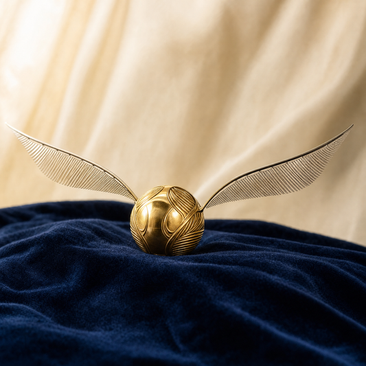 The Golden Snitch — gold engraved snitch with feathered wings on navy velvet